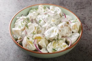 Farskpotatissalad is Swedish Potato Salad, simply made with new