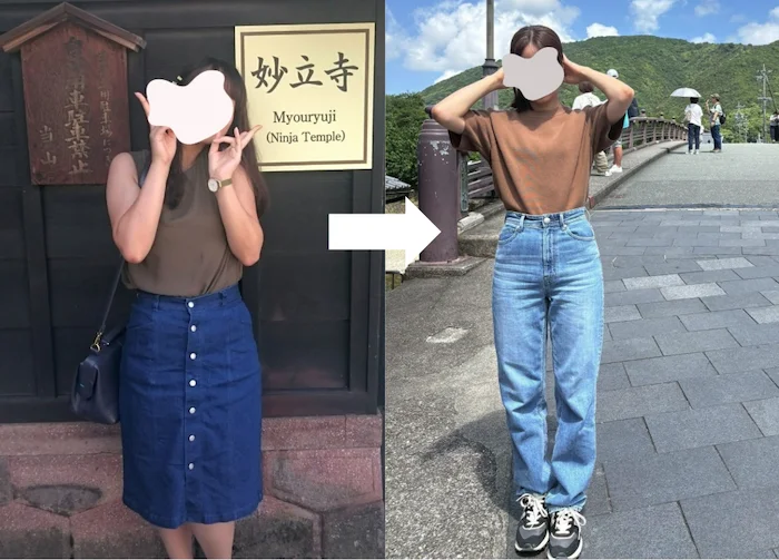 ダイエット後、ボトムスはLサイズからS、XSサイズに。以前はためらっていた試着もできるようになった